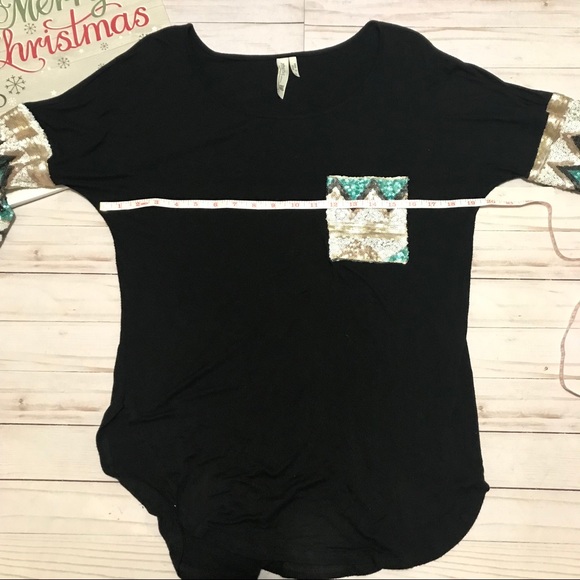 Black sequined front pocket & sleeves top, L - Picture 3 of 7